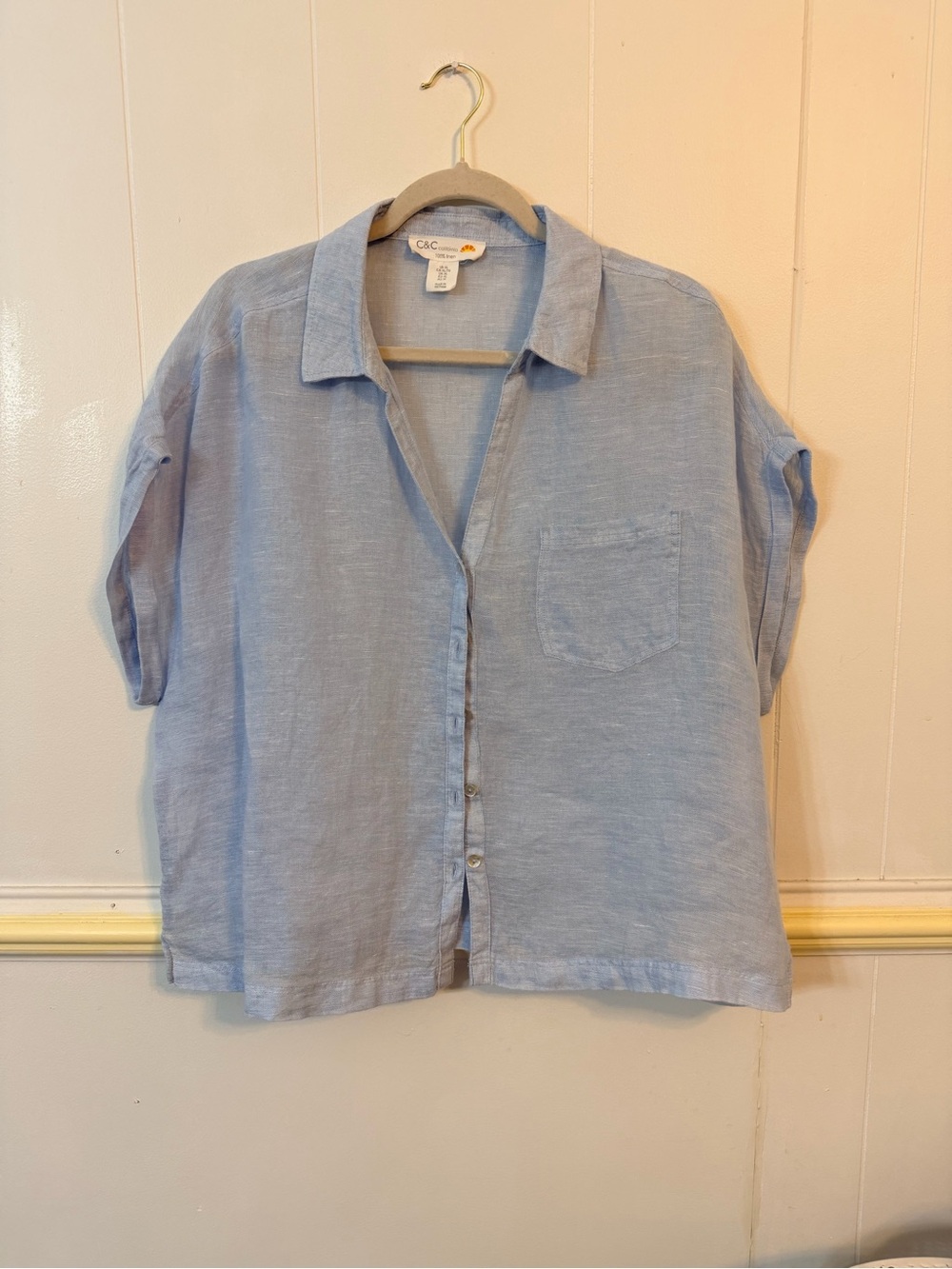 C&C California Sky Blue Linen Casual Button-Down Shirt